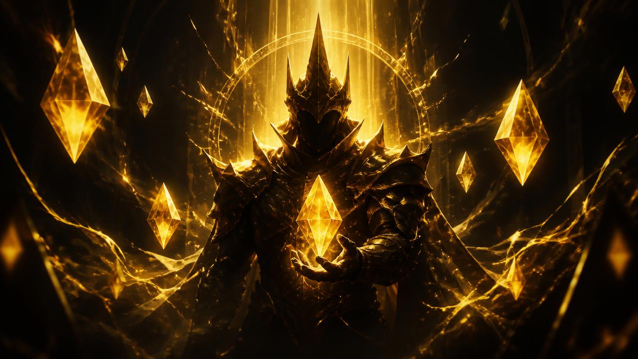 Golden crystal diamonds glowing in the dark